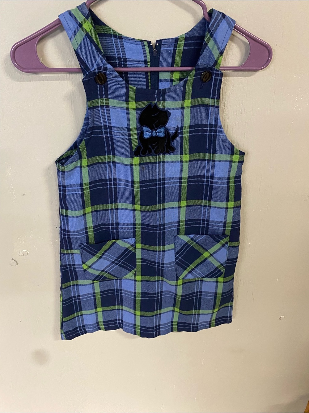 Blue & Green Plaid Pinafore Dress with Scotty Puppy